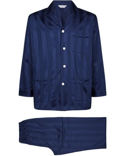 Derek Rose Classic Fit Pajamas Lingfield Cotton Satin - Blue