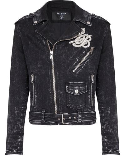 Balmain Denim Embroidered Biker Jacket - Black