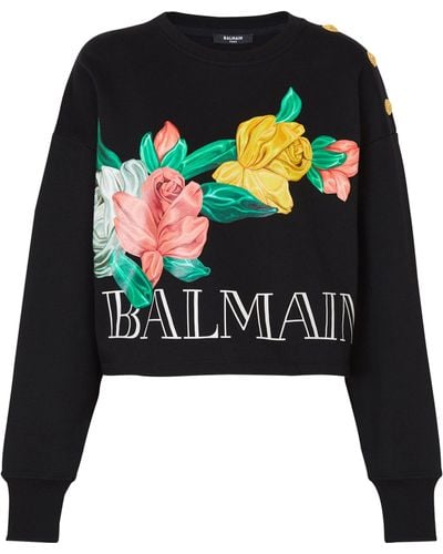 Balmain Vintage Roses Print Cropped Sweatshirt - Black