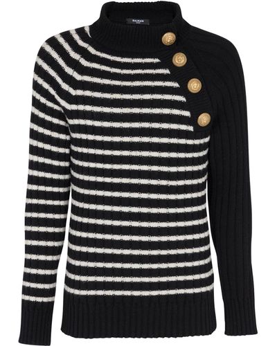 Balmain Striped Button-detail Sweater - Black