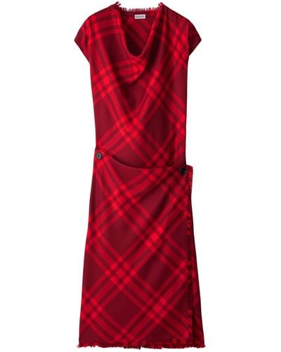 Burberry Wool Check Midi Dress - Red