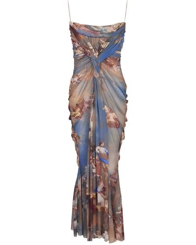Balmain Sky Print Draped Midi Dress - Blue