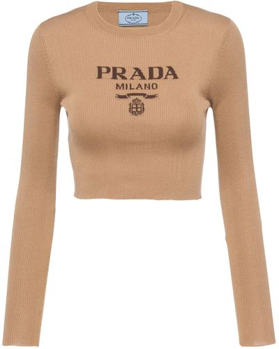 Prada Silk Cropped Logo Sweater - Natural