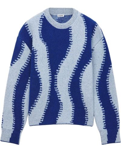 Loewe Striped-pattern Round-neck Wool-blend Knitted Sweater - Blue
