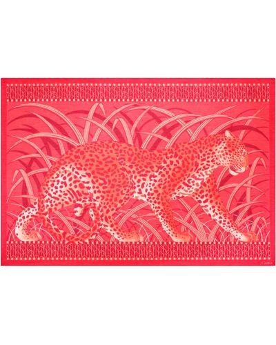 Cartier Silk-cotton Panther Scarf - Red