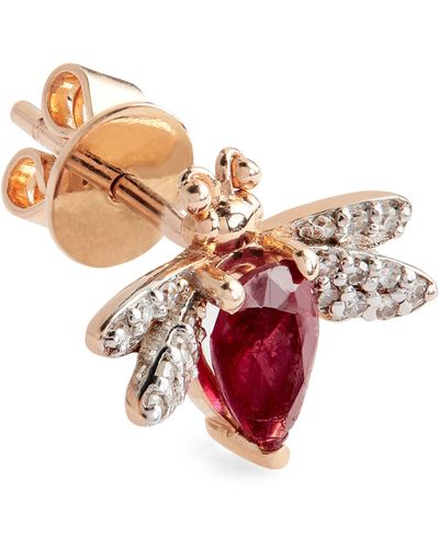 BeeGoddess Rose Gold, Diamond And Ruby Queen Bee Earring - Pink