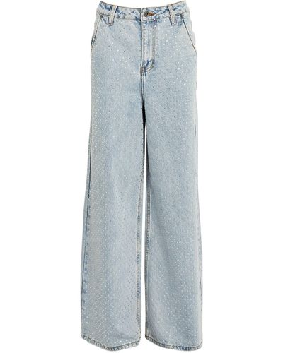 Self Portrait Rhinestone-Studded Wide Leg Jeans