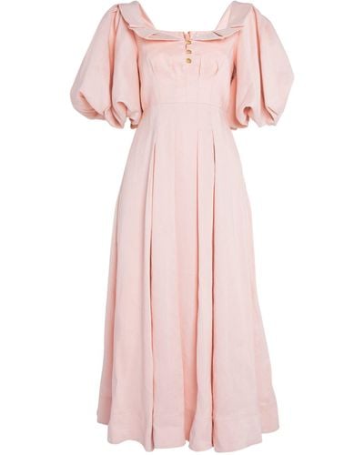 Aje. Jessica Puff-sleeve Linen-blend Midi Dress - Pink