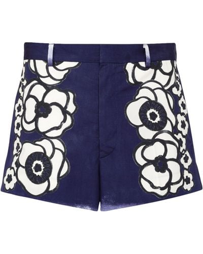 Prada Cotton Floral Print Shorts - Blue
