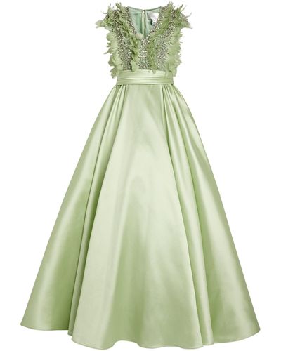 Pamella Roland Embellished Bodice Feather-trim Gown - Green