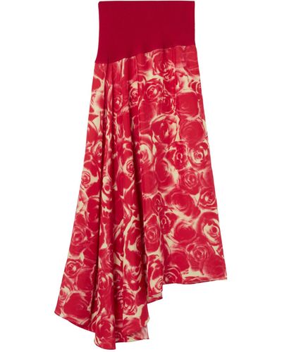 Burberry Silk Rose Print Midi Skirt - Red