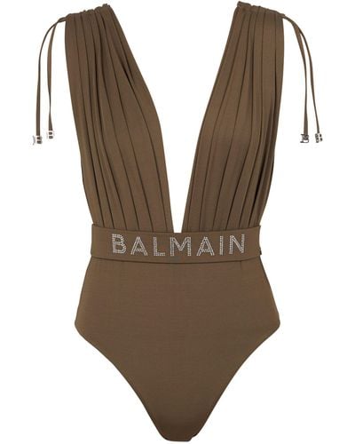 Balmain Logo Draped Swimsuit - Brown