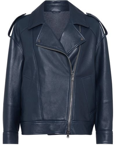 Brunello Cucinelli Leather Biker Jacket - Blue