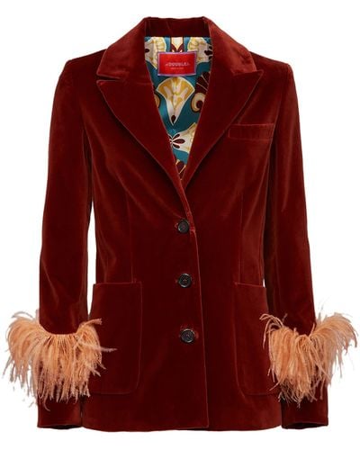 La DoubleJ Cotton Keaton Feather-trimmed Blazer - Red