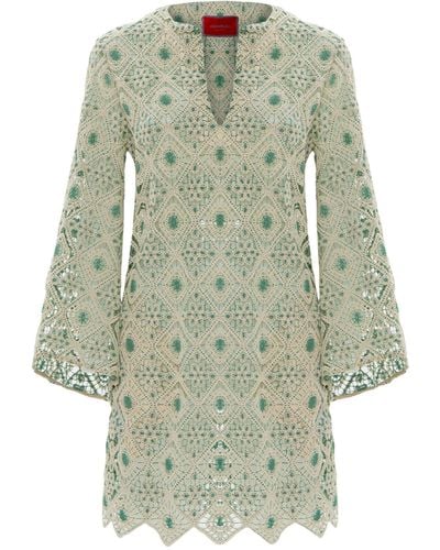 La DoubleJ Macramé Kaftan Mini Dress - Green