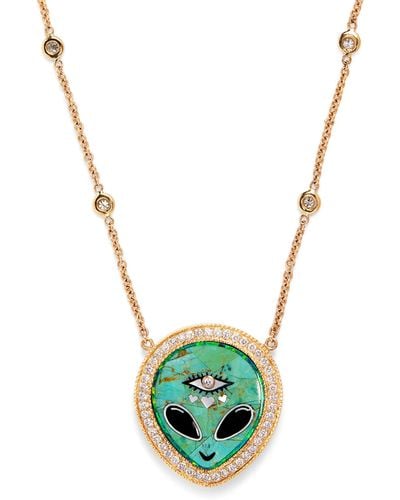 Jacquie Aiche Small Yellow Gold, Diamond, Turquoise And Onyx Inlay Necklace - Green