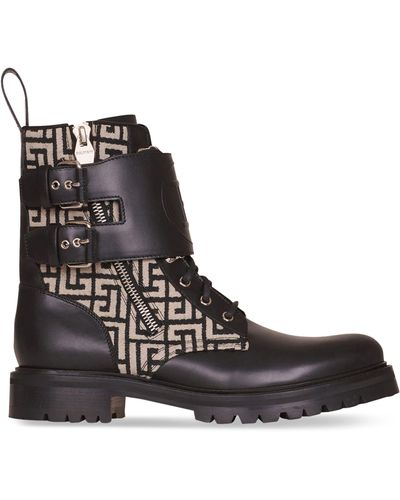 Balmain Leather Monogram Print Ankle Boots - Black