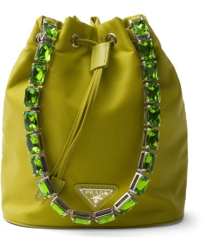 Prada Mini Re-nylon Embellished Bucket Bag - Green