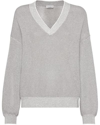 Brunello Cucinelli Cotton Net V-neck Sweater - Gray