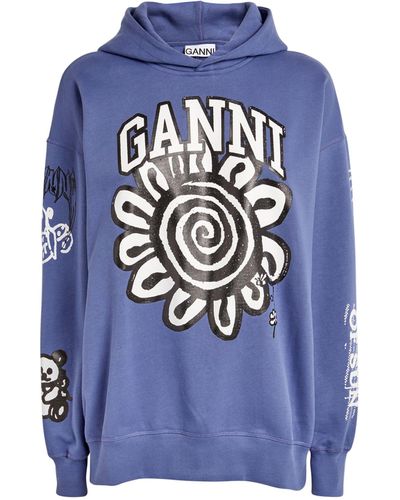 Ganni Organic Cotton Mega Flower Hoodie - Blue