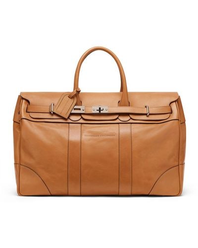 Brunello Cucinelli Leather Embossed-logo Holdall - Brown