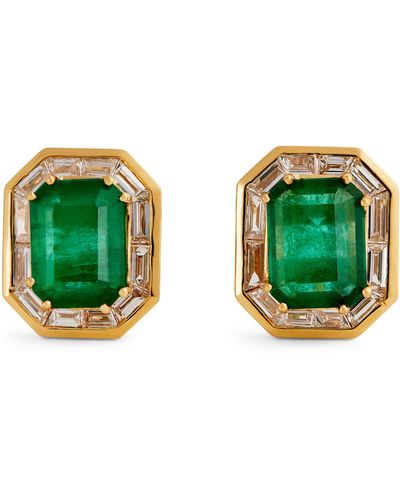 SHAY Yellow Gold, Diamond And Emerald Halo Stud Earrings - Green