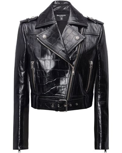 Balmain Leather Croc-embossed Biker Jacket - Black