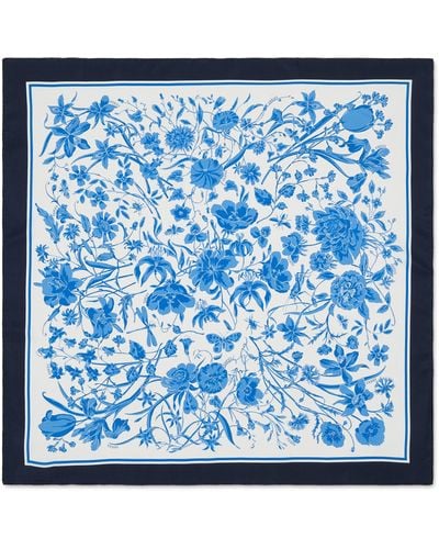 Gucci Silk Floral Print Scarf - Blue