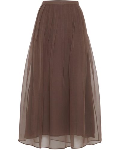 Brunello Cucinelli Silk Midi Skirt - Brown