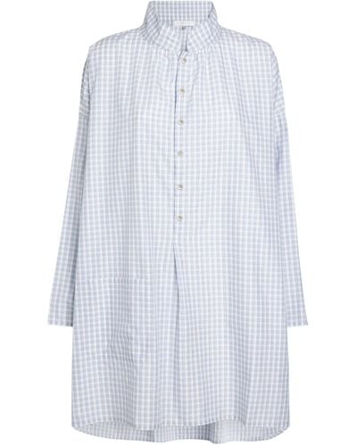 Eskandar Check Stand-collar Longline Shirt - White