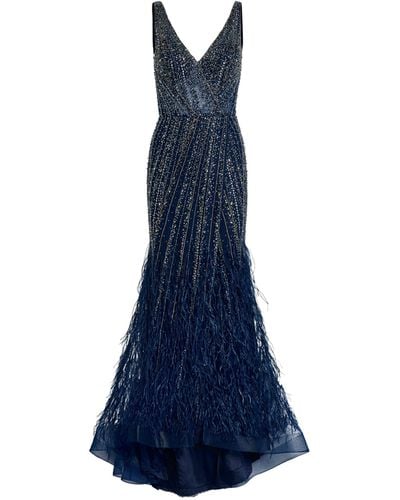 Jovani Embellished Feather-detail Gown - Blue