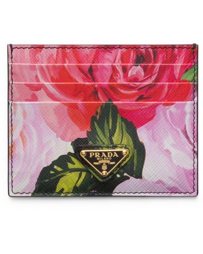 Prada Saffiano Leather Floral Print Card Holder - Red