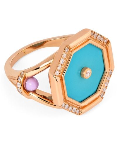 L'Atelier Nawbar Rose Gold, Diamond And Turquoise Amulets Of Light Ring - Blue
