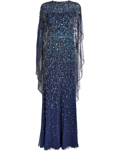 Jenny Packham Embellished Delphine Cape Gown - Blue