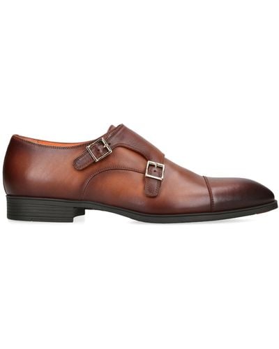 Santoni Leather New Simon Double Monk Shoes - Brown