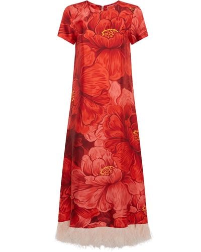 La DoubleJ Silk Feather-trim Swing Dress - Red