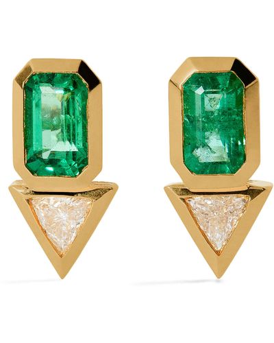 Azlee Yellow Gold, Diamond And Emerald Trillion Stud Earrings - Green
