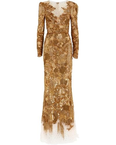 Marchesa Long-sleeve Embellished Gown - Metallic