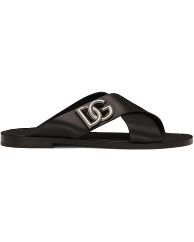 Dolce & Gabbana Leather Logo Cross-strap Sandals - Black