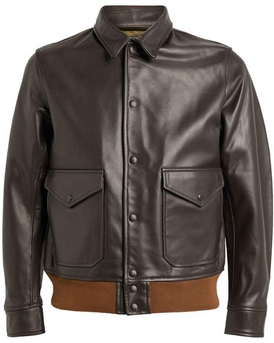 Beams Plus Leather Bomber Jacket - Brown