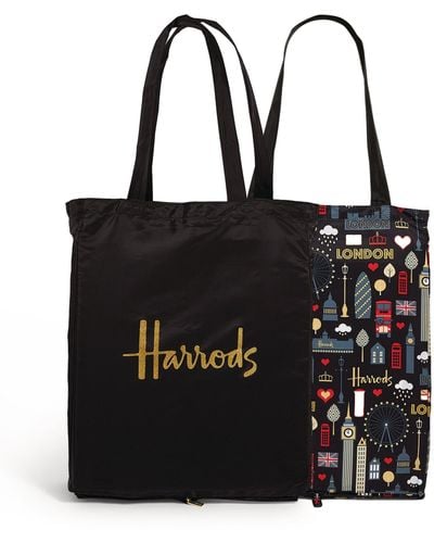 Harrods Recycled Glitter London And Logo Pocket Shopper Bag (set Of 2) - Black
