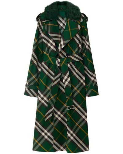 Burberry Check Print Long Trench Coat - Green