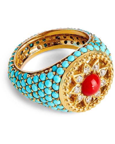 L'Atelier Nawbar Yellow Gold, Diamond, Turquoise And Coral Cosmic Love Pinky Ring - Multicolor