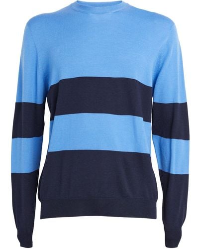 Johnstons of Elgin Wool Striped Crew-neck Sweater - Blue