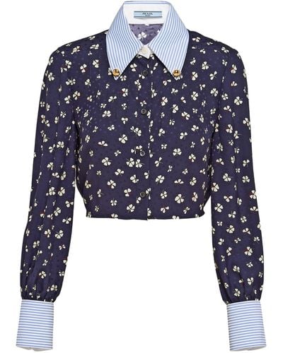 Prada Silk Clover Cropped Shirt - Blue