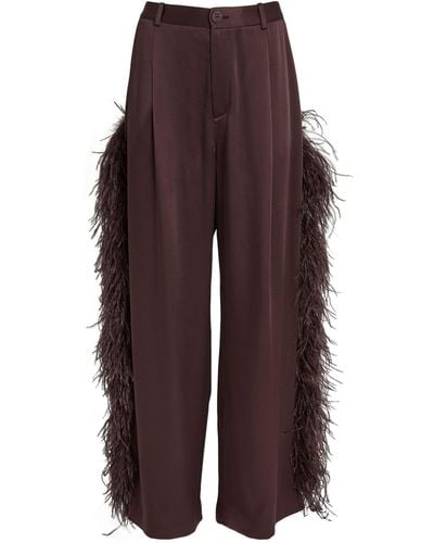LAPOINTE Satin Feather-trimmed Pants - Brown