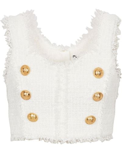 Balmain Gold-buttoned Tweed Crop Top - White