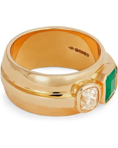Azlee Yellow Gold, Diamond And Emerald Duet Staircase Ring - Metallic