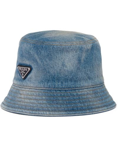 Prada Brand-plaque Wide-brim Denim Bucket Hat - Blue