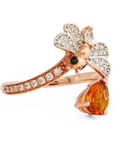 BeeGoddess Rose Gold, Diamond And Citrine Honeycomb Ring (size 13) - Orange
